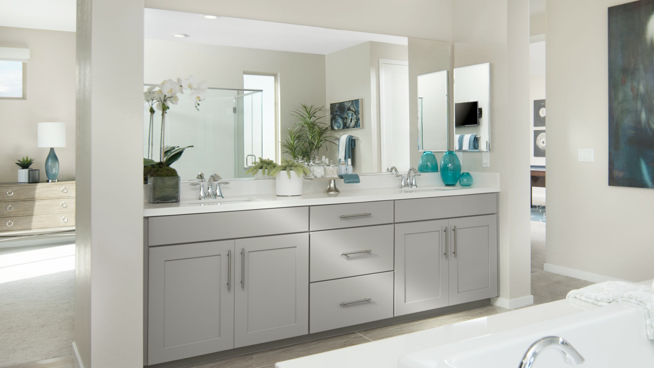 Gray Frameless Double Sink Vanity for Large Bathroom