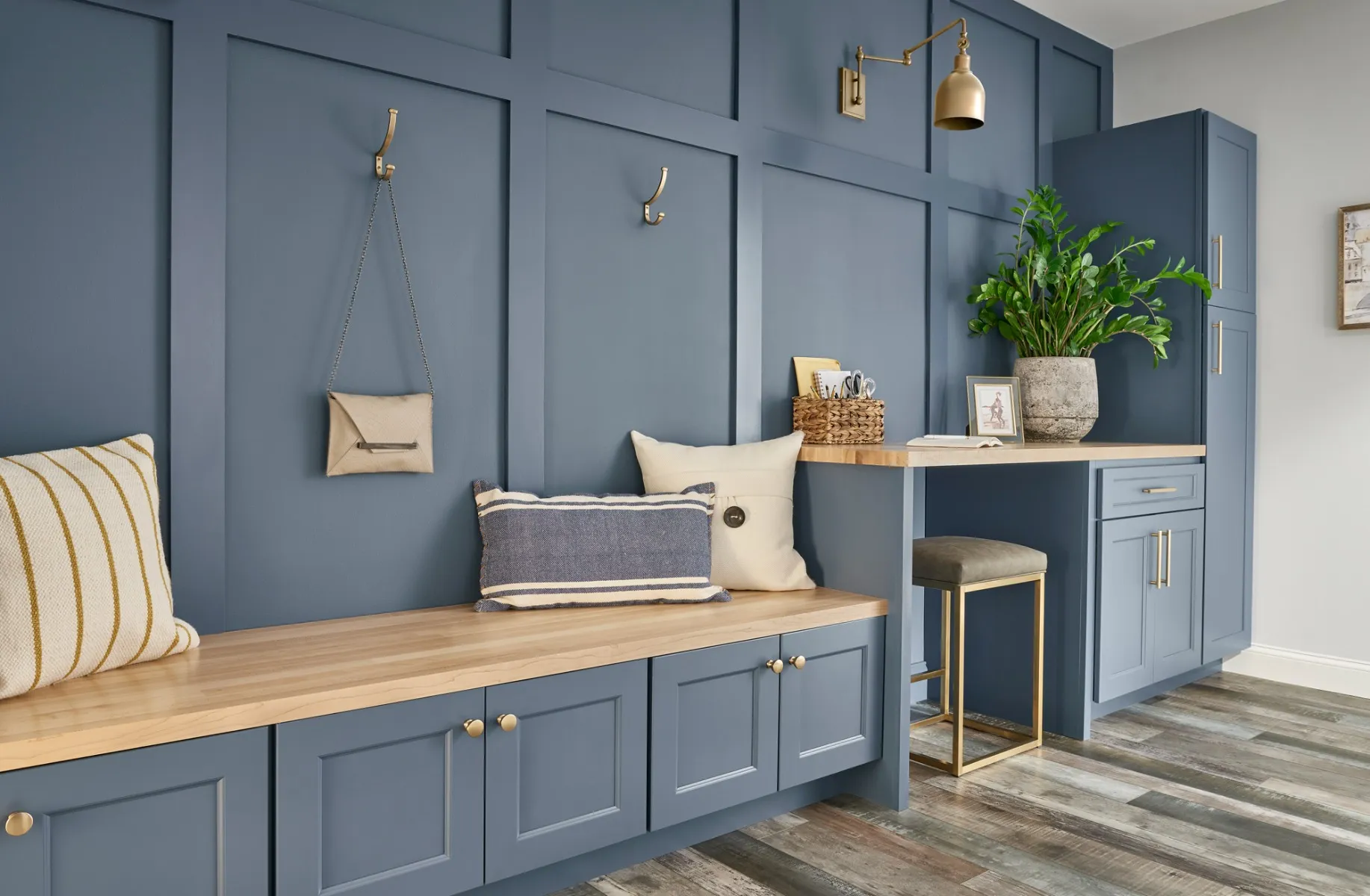 Dark Blue Mudroom Entryway cabinets