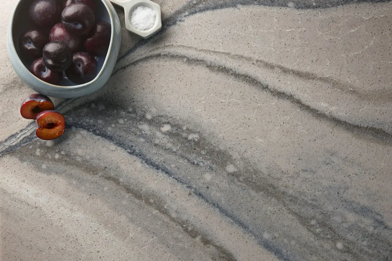 cambria quartz kitchen counter gray and blue